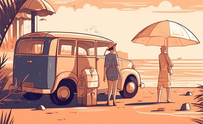 暖色系自驾情侣夏日旅行背景图,插画/手绘图,插画/手绘图库,插画/手绘图下载,插画/手绘